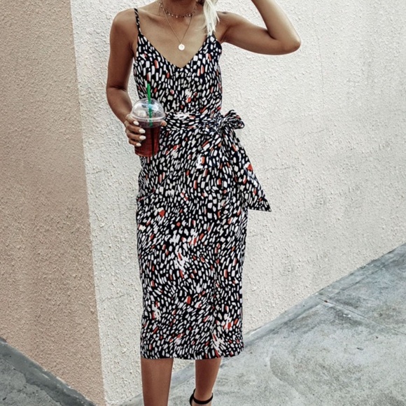 Black Leopard Print Cami Midi Dress Work - Picture 3 of 5